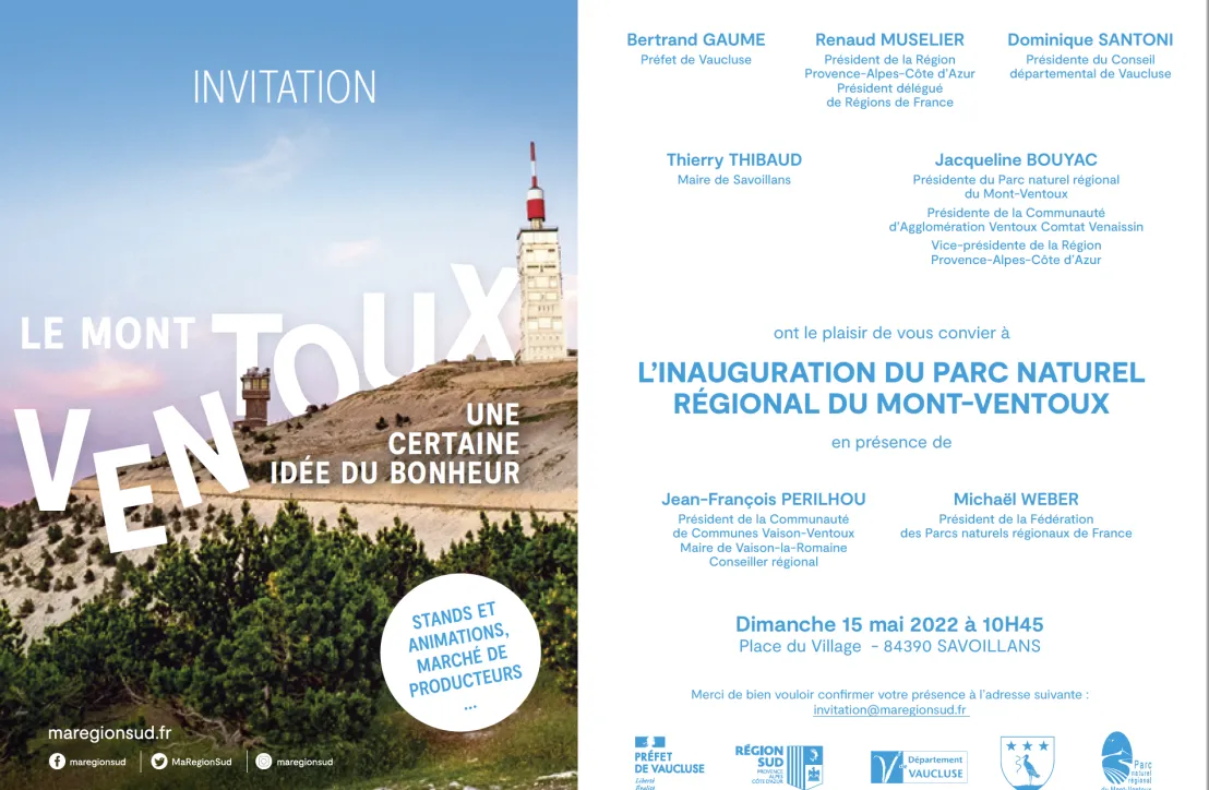 Invitation à l'Inauguration du PNR du Mont-Ventoux 15 mai 2022