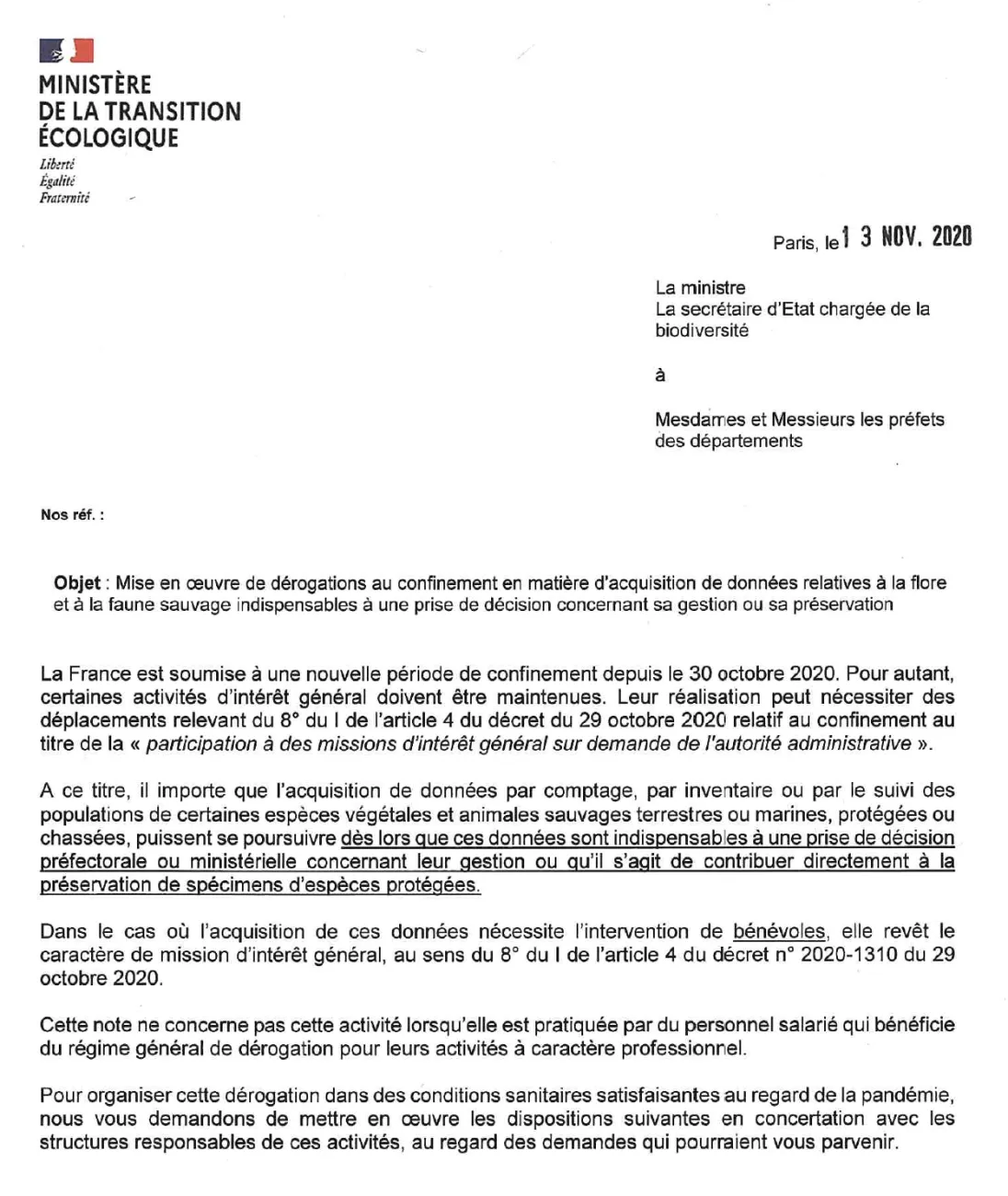 Note aux préfets de départements confinement & flore-faune sauvages[1][1]