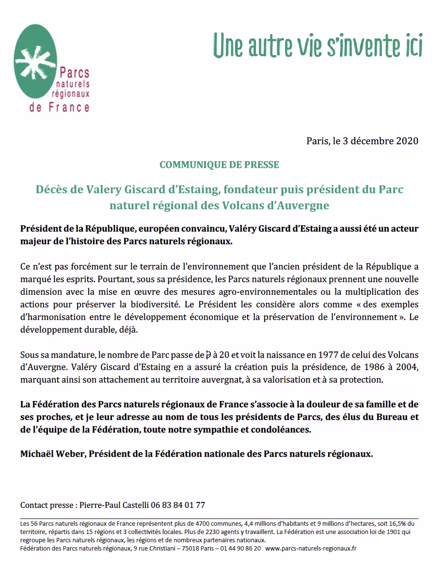 Communiqué de presse -Décès de Valery Giscard d’Estaing, fondateur puis président du Parc naturel régional des Volcans d’Auvergne
