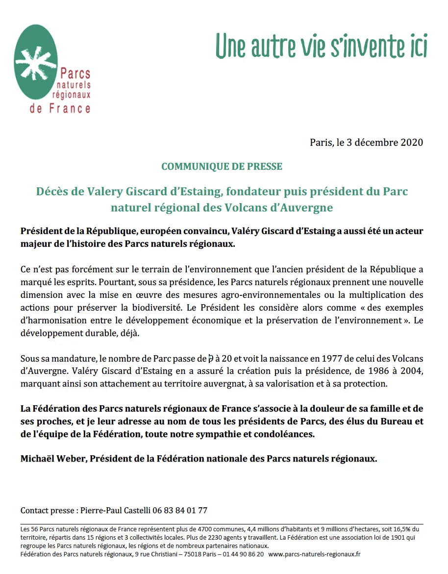 Communiqué de presse -Décès de Valery Giscard d’Estaing, fondateur puis président du Parc naturel régional des Volcans d’Auvergne