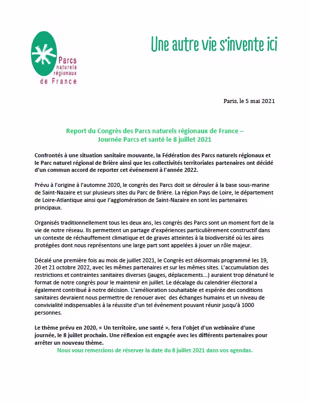 CP Report congrés - Webinaier Journée Parc et santé le 8 juillet