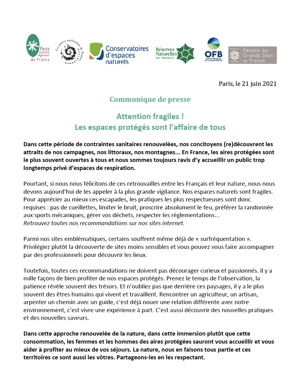 Attention fragiles !   Les espaces protégés sont l’affaire de tous