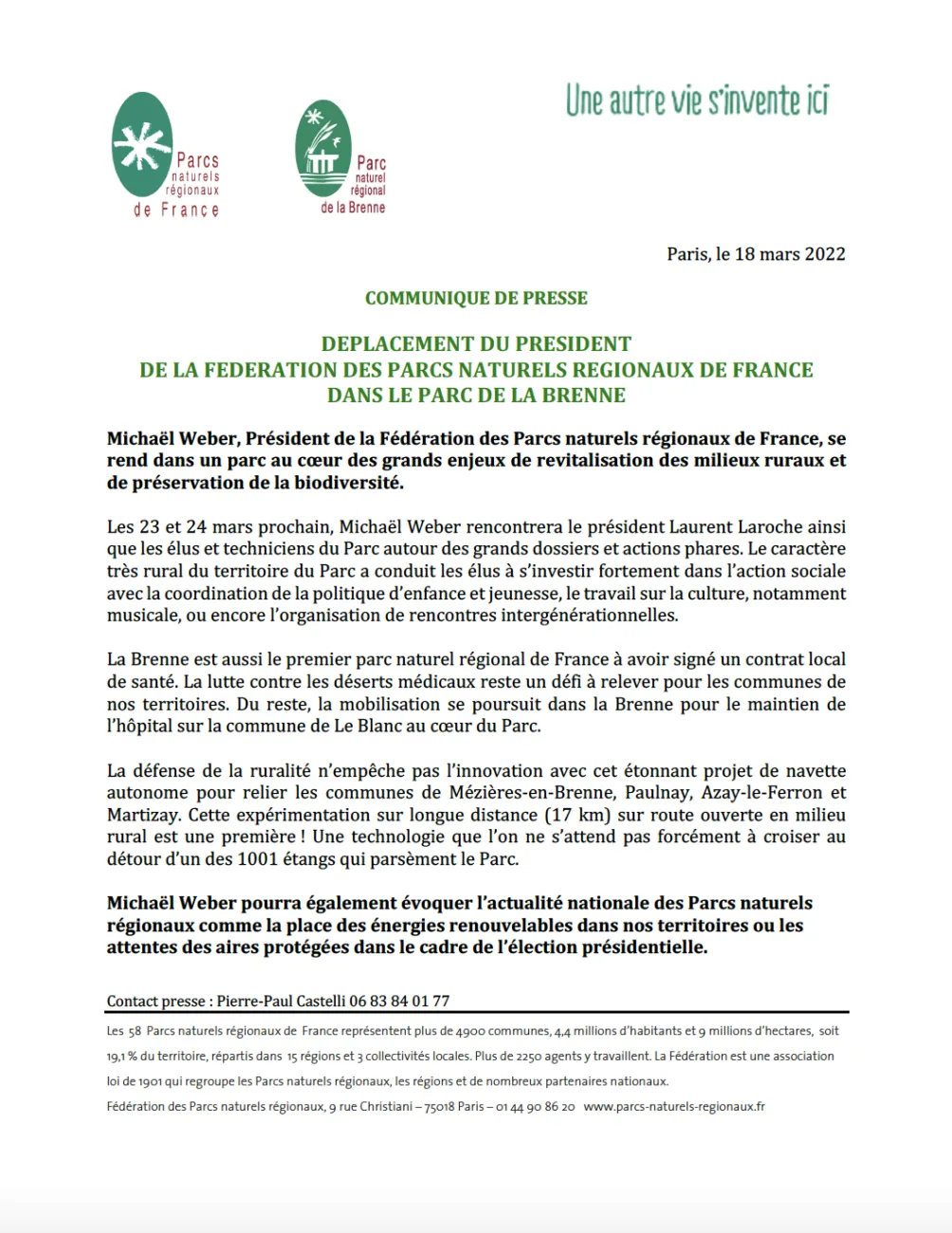CP - Déplacement du président de la Fédération des Parcs naturels régionaux de France dans le Parc de la Brenne