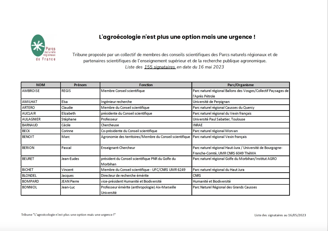 Liste des signataires de la tribune du CORP "L'agroécologie n'est plus une option mais une urgence !"