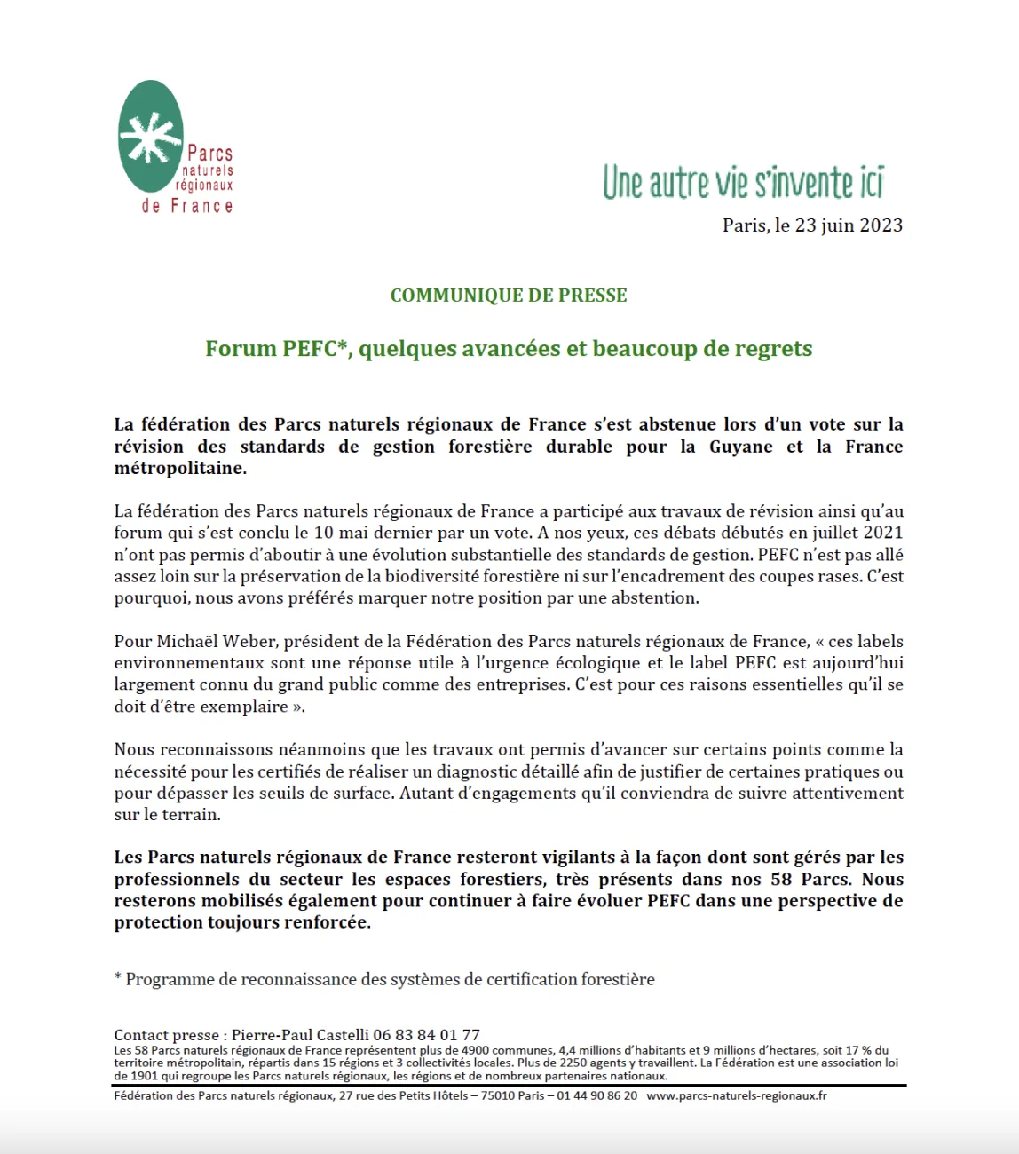 Forum PECF, communiqué presse 