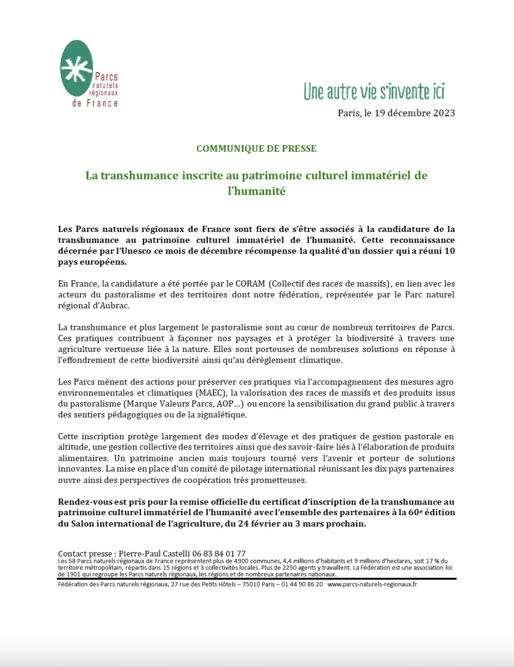 CP- La transhumance inscrite au patrimoine culturel immatériel de l’humanité