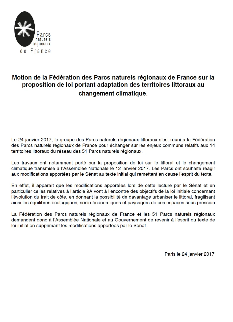 Motion de la Fédération des Parcs naturels régionaux de France sur la proposition de loi portant adaptation des territoires littoraux au changement climatique.