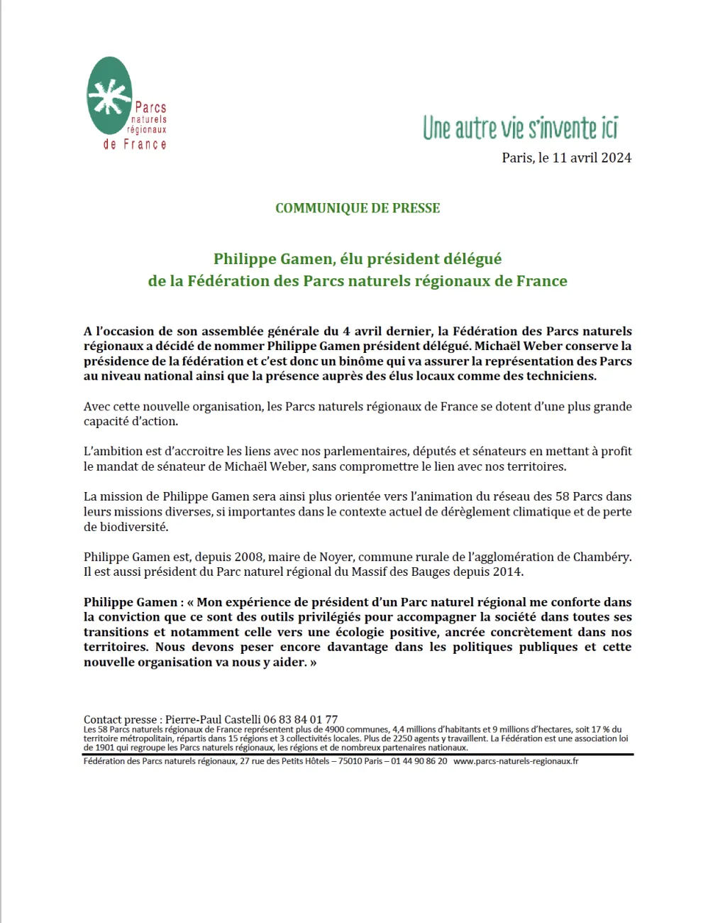 Philippe Gamen, élu président délégué de la Fédération des Parcs naturels régionaux de France