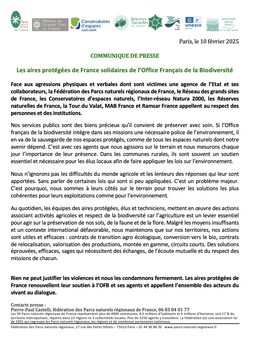 Les aires protégées de France solidaires de l’Office Français de la Biodiversité