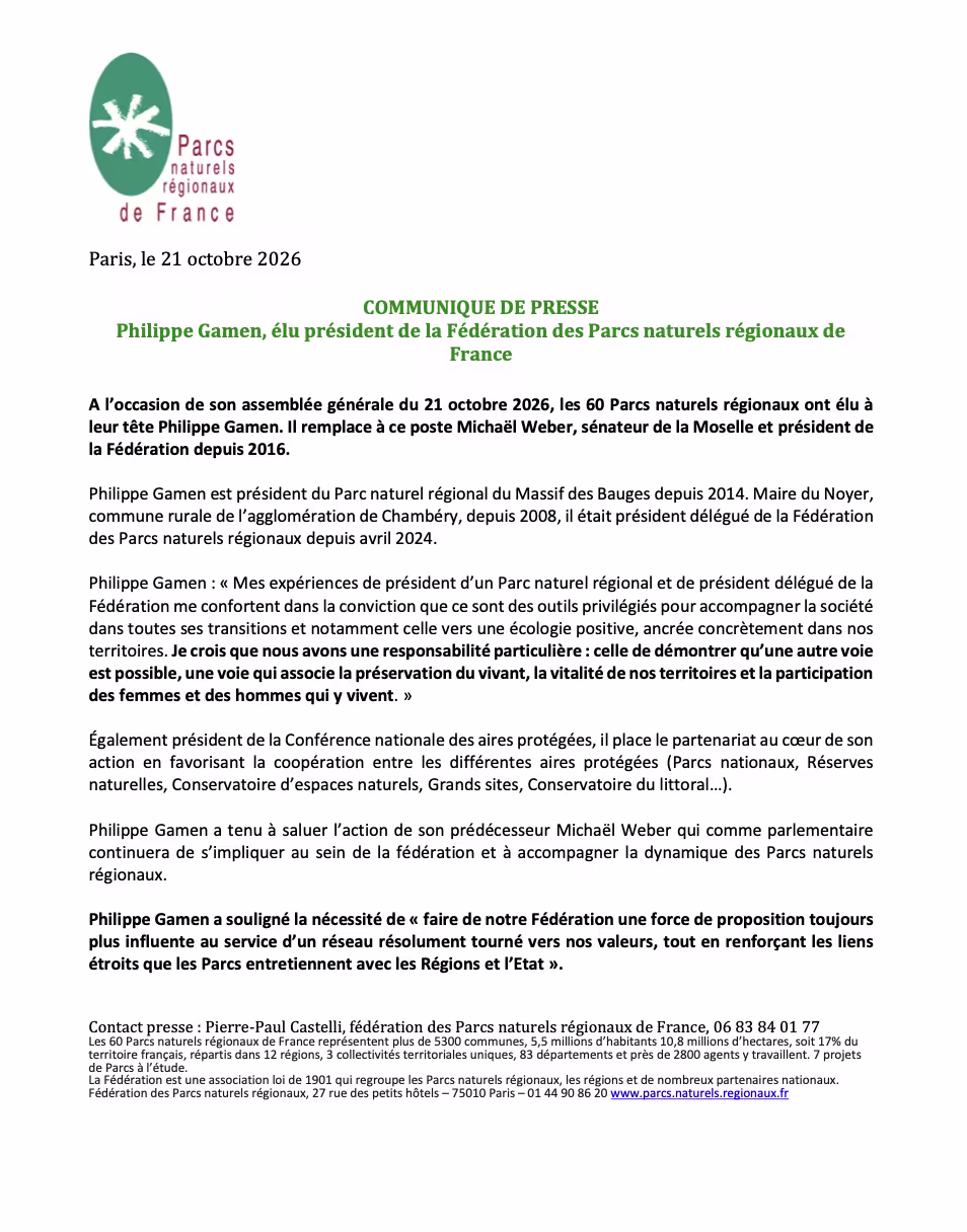 Philippe Gamen, élu président de la Fédération des Parcs naturels régionaux de France