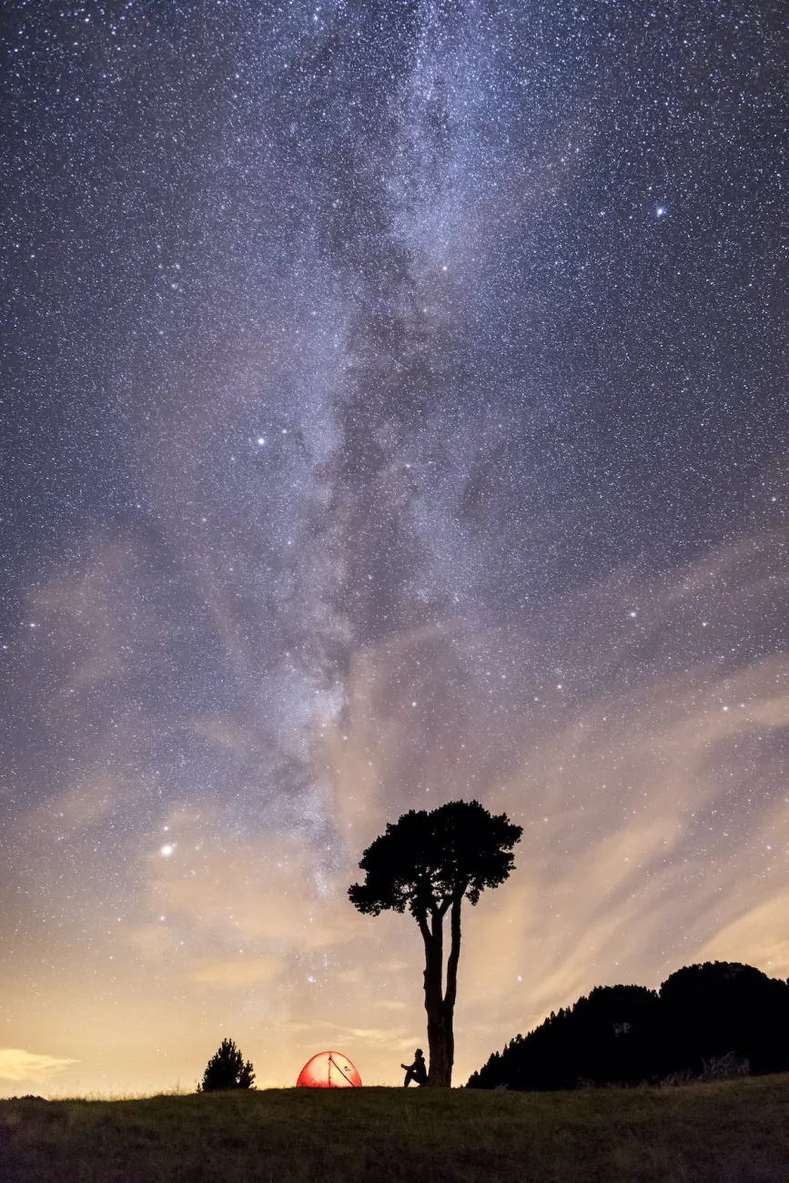 Ciel étoilé avec arbre et camping à la belle étoile©Vincent Astier-Perret PNR du Vercors