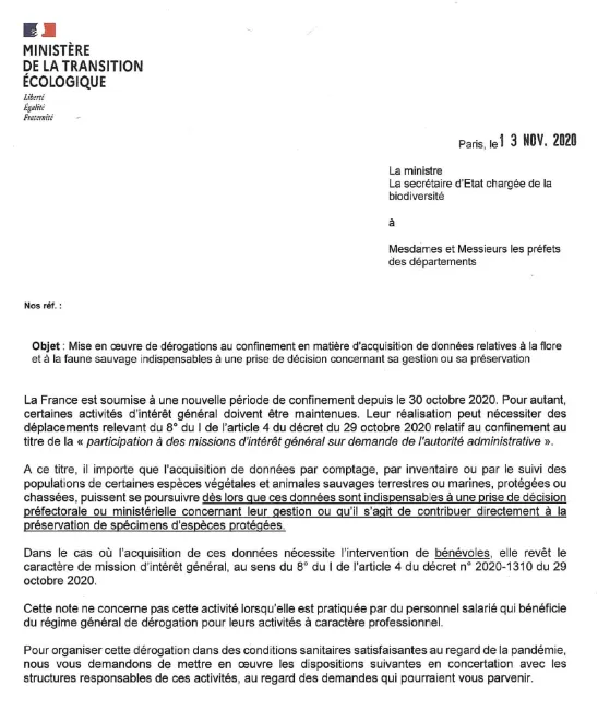 Note aux préfets de départements confinement & flore-faune sauvages[1][1]