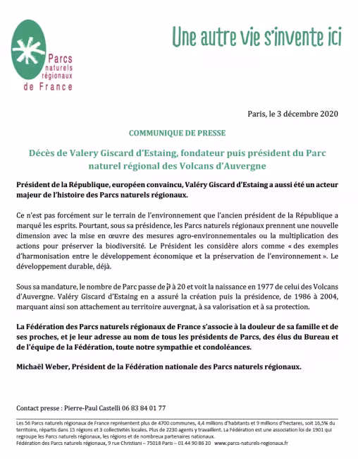 Communiqué de presse -Décès de Valery Giscard d’Estaing, fondateur puis président du Parc naturel régional des Volcans d’Auvergne