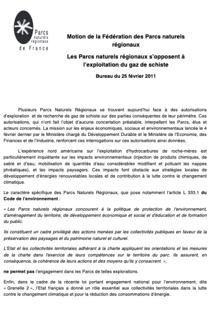 Les Parcs naturels régionaux sʼopposent à lʼexploitation du gaz de schiste
