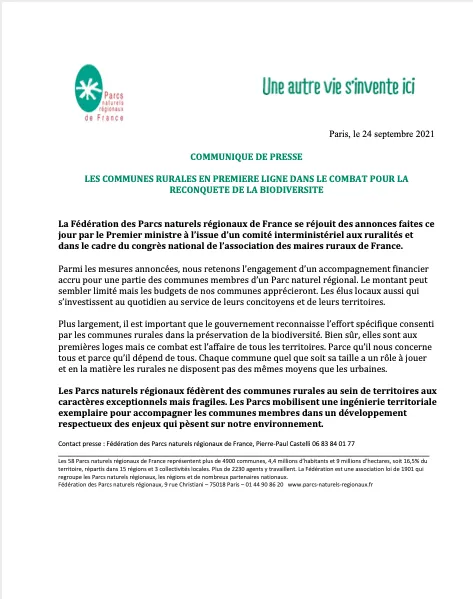 CP Fédé PNR Communes rurales et biodiversité