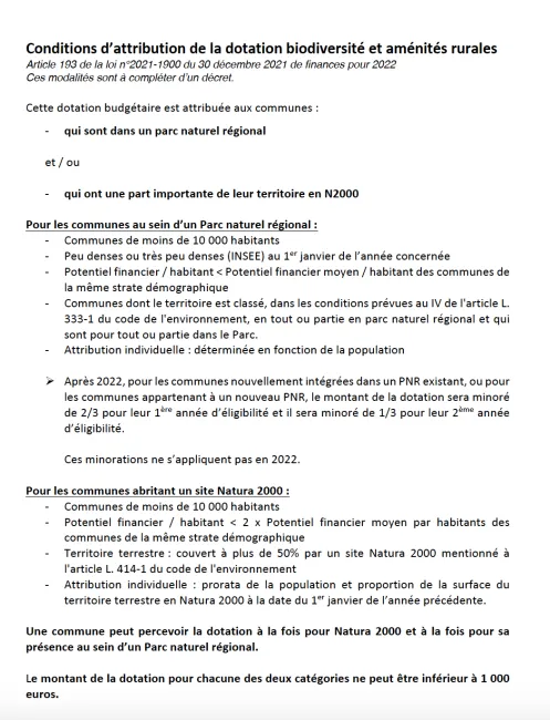 Dotation biodiversité 2022 - conditions d'attribution