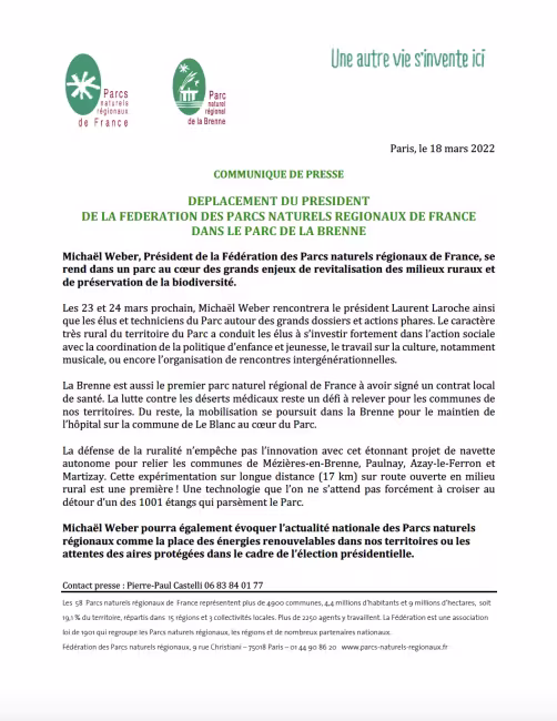 CP - Déplacement du président de la Fédération des Parcs naturels régionaux de France dans le Parc de la Brenne