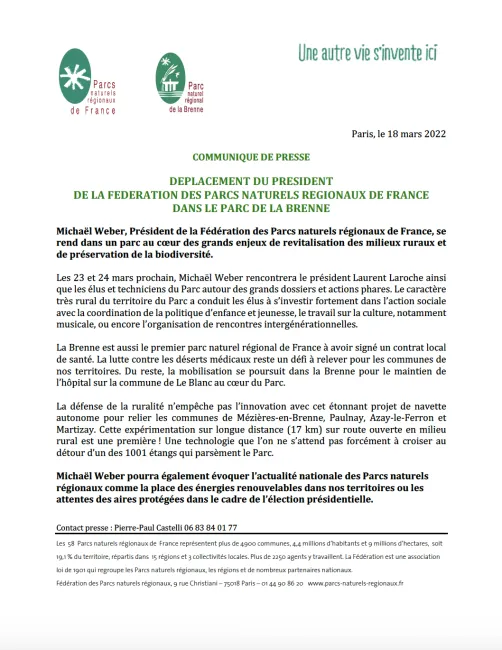 CP - Déplacement du président de la Fédération des Parcs naturels régionaux de France dans le Parc de la Brenne