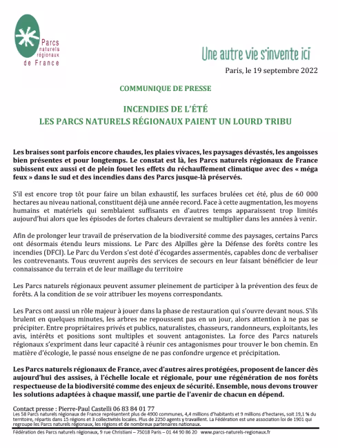 Contact presse : Pierre-Paul Castelli 06 83 84 01 77   Les 58 Parcs naturels régionaux de France représentent plus de 4900 communes, 4,4 millions d’habitants et 9 millions d’hectares, soit 19,1 % du territoire, répartis dans 15 régions et 3 collectivités locales. Plus de 2250 agents y travaillent. La Fédération est une association loi de 1901 qui regroupe les Parcs naturels régionaux, les régions et de nombreux partenaires nationaux.   Fédération des Parcs naturels régionaux, 9 rue Christiani – 75018 Paris