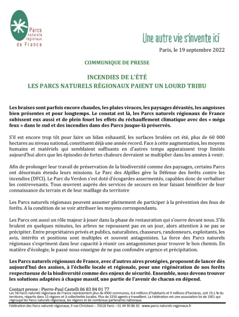 Contact presse : Pierre-Paul Castelli 06 83 84 01 77   Les 58 Parcs naturels régionaux de France représentent plus de 4900 communes, 4,4 millions d’habitants et 9 millions d’hectares, soit 19,1 % du territoire, répartis dans 15 régions et 3 collectivités locales. Plus de 2250 agents y travaillent. La Fédération est une association loi de 1901 qui regroupe les Parcs naturels régionaux, les régions et de nombreux partenaires nationaux.   Fédération des Parcs naturels régionaux, 9 rue Christiani – 75018 Paris
