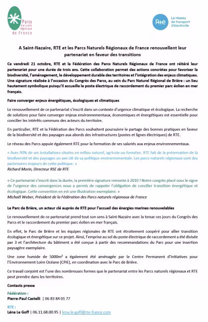 CP signature RTE FONRF congrès des Parcs