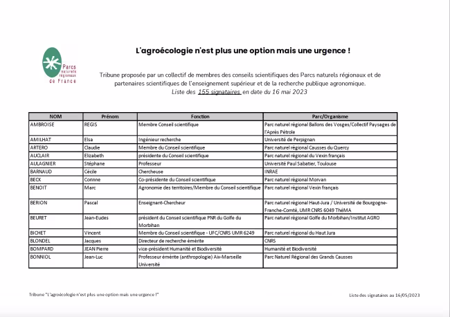 Liste des signataires de la tribune du CORP "L'agroécologie n'est plus une option mais une urgence !"