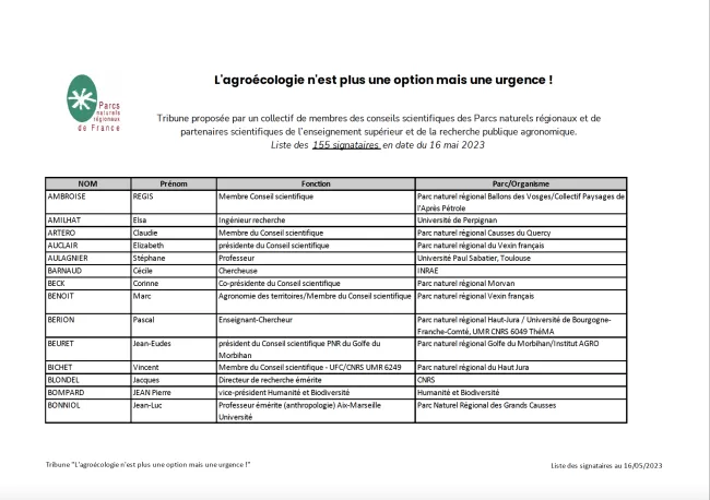 Liste des signataires de la tribune du CORP "L'agroécologie n'est plus une option mais une urgence !"