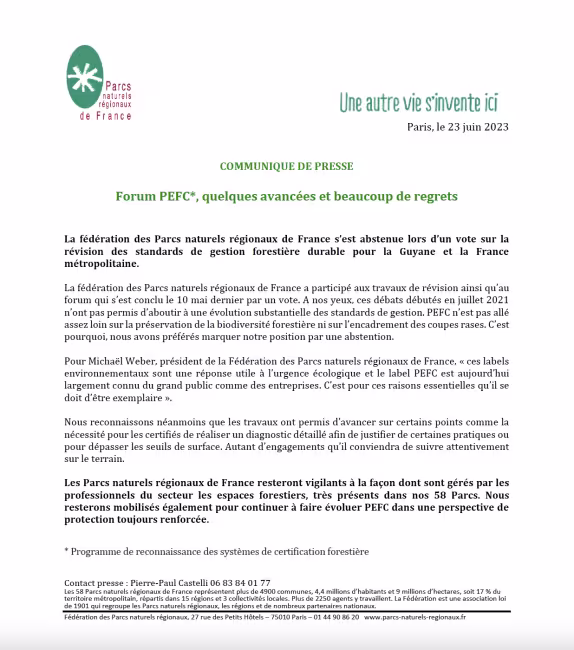 Forum PECF, communiqué presse