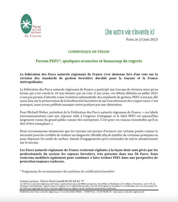 Forum PECF, communiqué presse