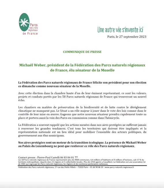 CP Michaël Weber, président de la Fédération des Parcs naturels régionaux de France, élu sénateur de la Moselle