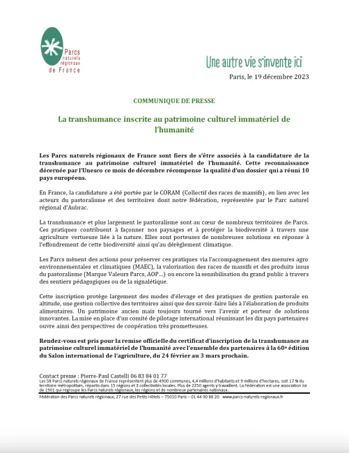 CP- La transhumance inscrite au patrimoine culturel immatériel de l’humanité