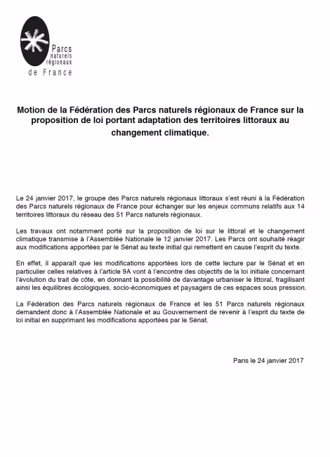 Motion de la Fédération des Parcs naturels régionaux de France sur la proposition de loi portant adaptation des territoires littoraux au changement climatique.