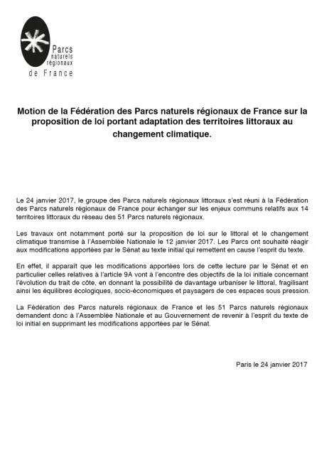 Motion de la Fédération des Parcs naturels régionaux de France sur la proposition de loi portant adaptation des territoires littoraux au changement climatique.
