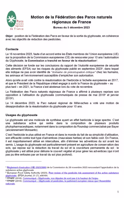 Motion - position de la Fédération des Parcs en faveur de la sortie du glyphosate, en cohérence avec les objectifs de réduction des pesticides.