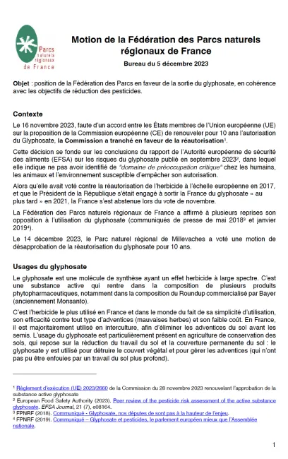 Motion - position de la Fédération des Parcs en faveur de la sortie du glyphosate, en cohérence avec les objectifs de réduction des pesticides.