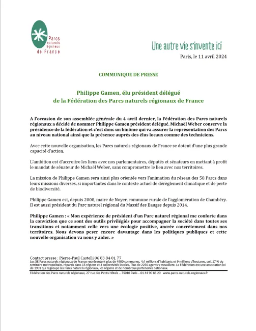 Philippe Gamen, élu président délégué de la Fédération des Parcs naturels régionaux de France