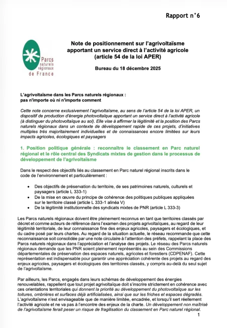 Note de positionnement sur l'agrivoltaïsme (article 54 de la loi APER)