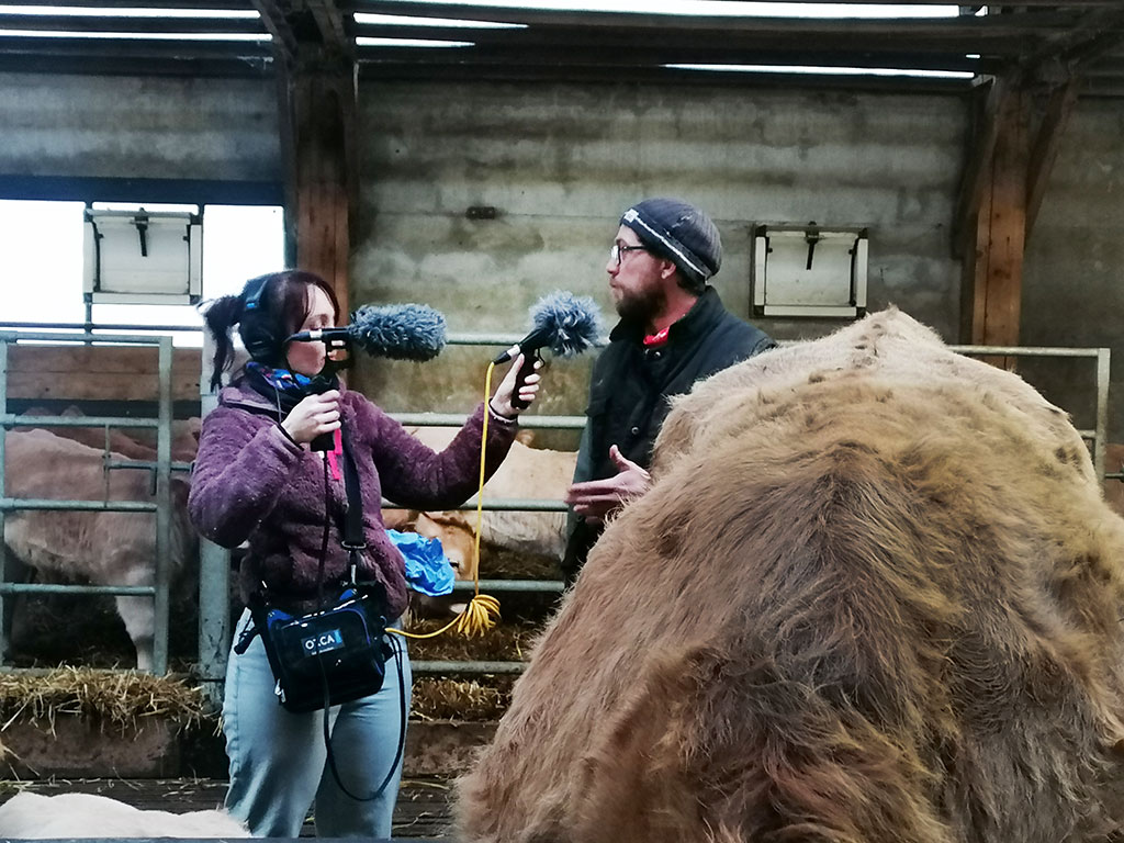 Podcast "L'écho de nos valeurs" en Aubrac : enregistrement dans l'étable de Ludovic