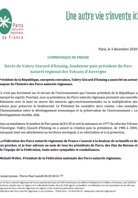 Communiqué de presse -Décès de Valery Giscard d’Estaing, fondateur puis président du Parc naturel régional des Volcans d’Auvergne