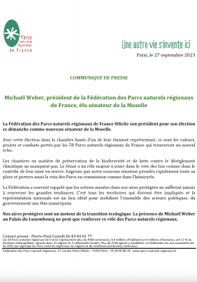 CP Michaël Weber, président de la Fédération des Parcs naturels régionaux de France, élu sénateur de la Moselle