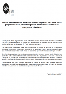 Motion de la Fédération des Parcs naturels régionaux de France sur la proposition de loi portant adaptation des territoires littoraux au changement climatique.