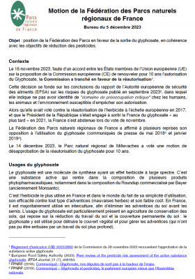 Motion - position de la Fédération des Parcs en faveur de la sortie du glyphosate, en cohérence avec les objectifs de réduction des pesticides.