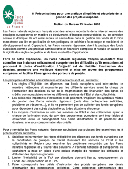 Motion 8 Préconisations pour une pratique simplifiée et sécurisée de la gestion des projets européens - Février 2010